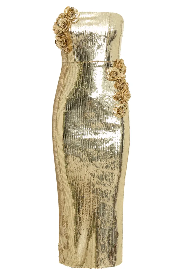 Women Meshki Dresses Cassia Strapless Sequin Rose Midi Dress 8211 Gold