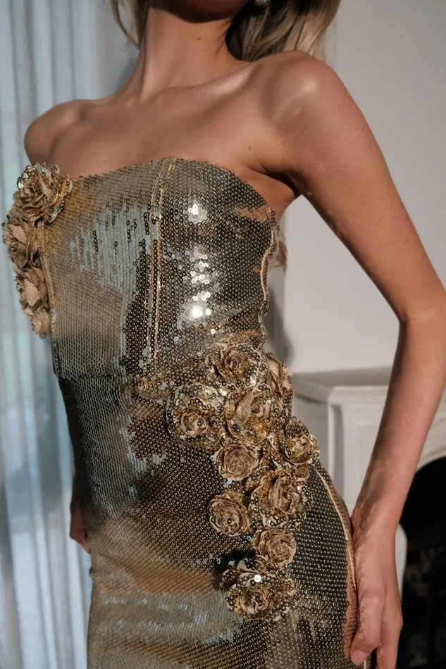 Women Meshki Dresses Cassia Strapless Sequin Rose Midi Dress 8211 Gold