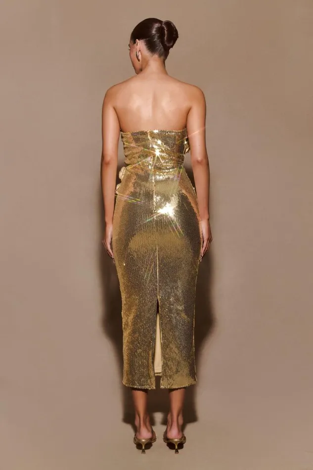 Women Meshki Dresses Cassia Strapless Sequin Rose Midi Dress 8211 Gold