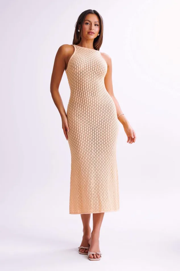 Women Meshki Dresses Cordelia Crochet Fishtail Midi Dress 8211 Apricot