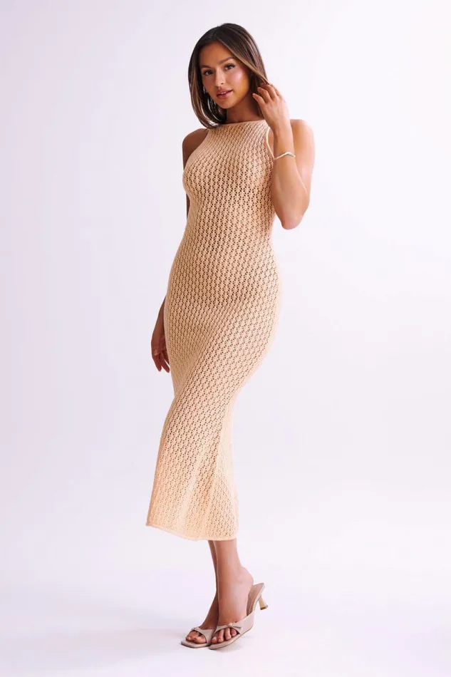 Women Meshki Dresses Cordelia Crochet Fishtail Midi Dress 8211 Apricot