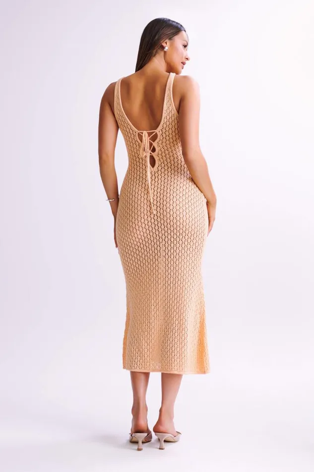 Women Meshki Dresses Cordelia Crochet Fishtail Midi Dress 8211 Apricot