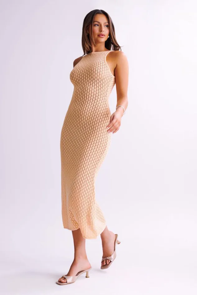 Women Meshki Dresses Cordelia Crochet Fishtail Midi Dress 8211 Apricot