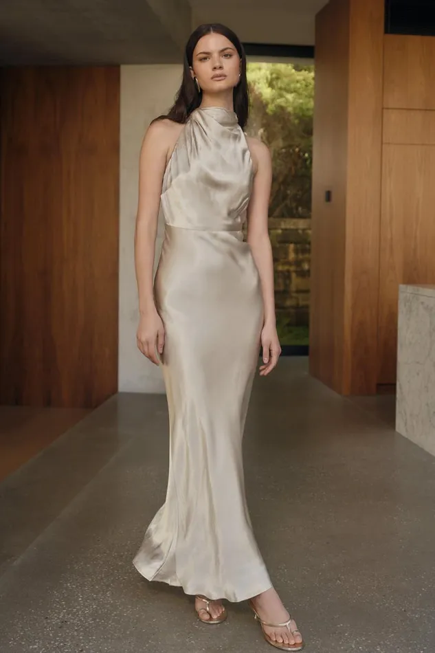 Women Meshki Dresses Esther Iridescent Satin Cowl Maxi Dress 8211 Gold