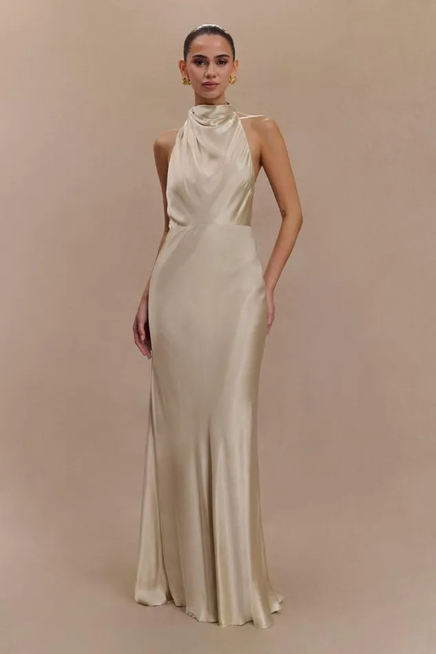 Women Meshki Dresses Esther Iridescent Satin Cowl Maxi Dress 8211 Gold