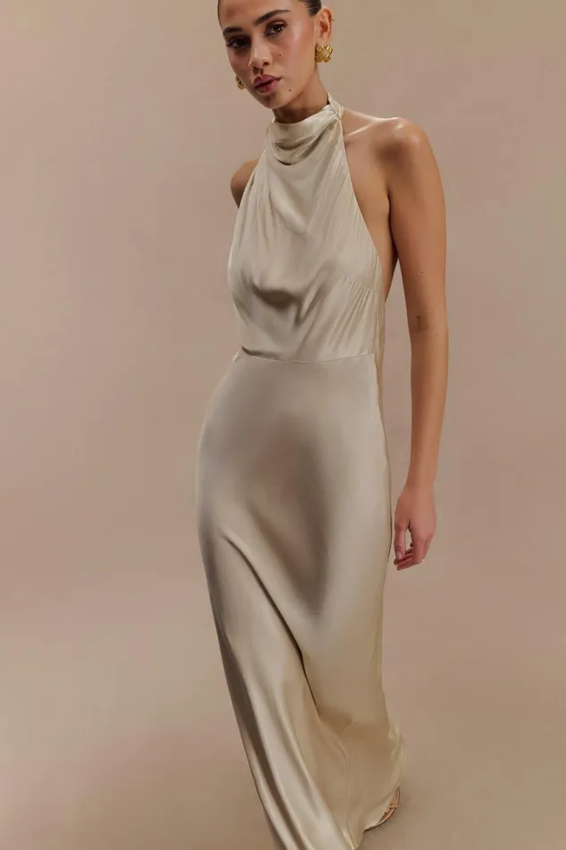 Women Meshki Dresses Esther Iridescent Satin Cowl Maxi Dress 8211 Gold
