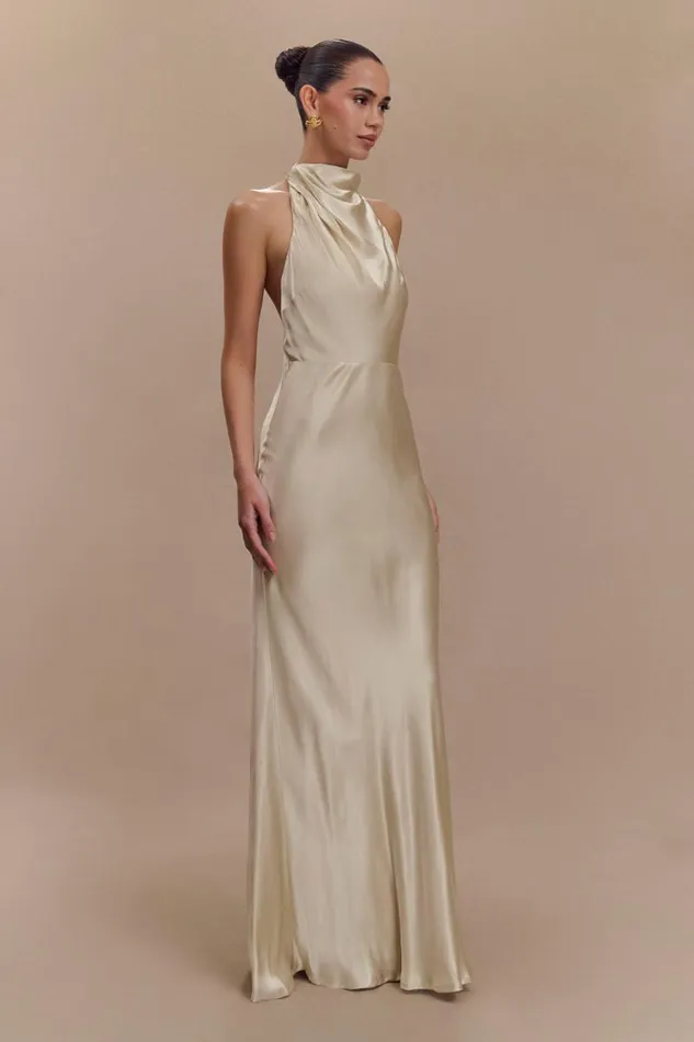 Women Meshki Dresses Esther Iridescent Satin Cowl Maxi Dress 8211 Gold