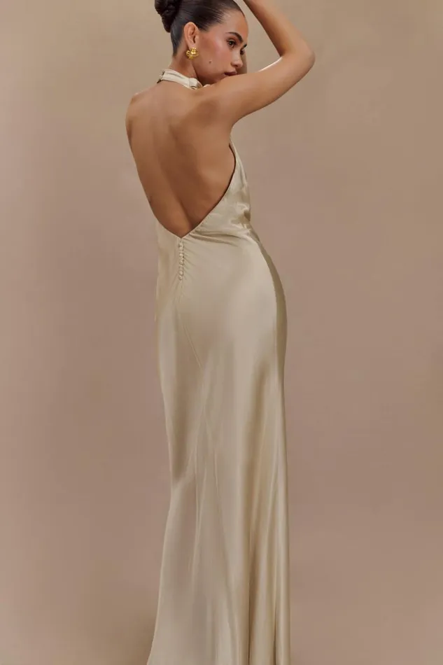 Women Meshki Dresses Esther Iridescent Satin Cowl Maxi Dress 8211 Gold