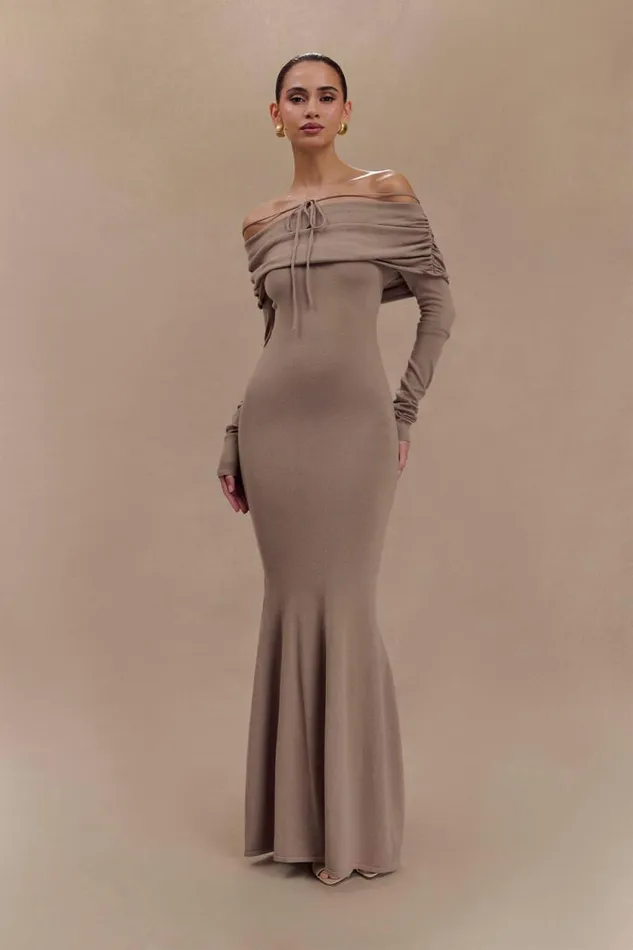 Women Meshki Dresses Georgiana Off Shoulder Knit Midi Dress 8211 Stone Marle
