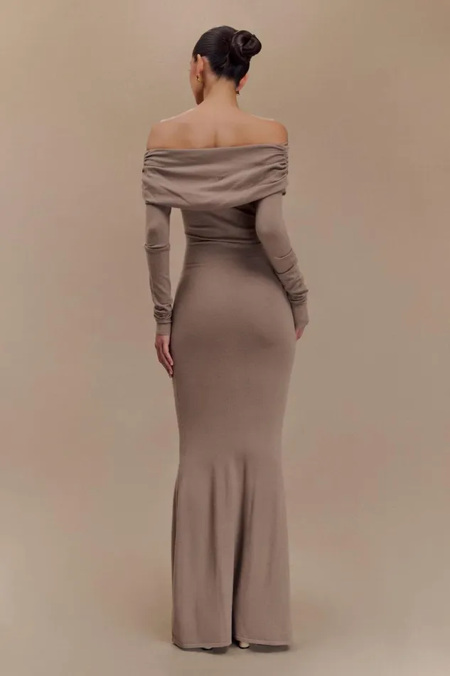 Women Meshki Dresses Georgiana Off Shoulder Knit Midi Dress 8211 Stone Marle