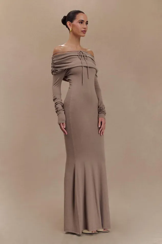 Women Meshki Dresses Georgiana Off Shoulder Knit Midi Dress 8211 Stone Marle