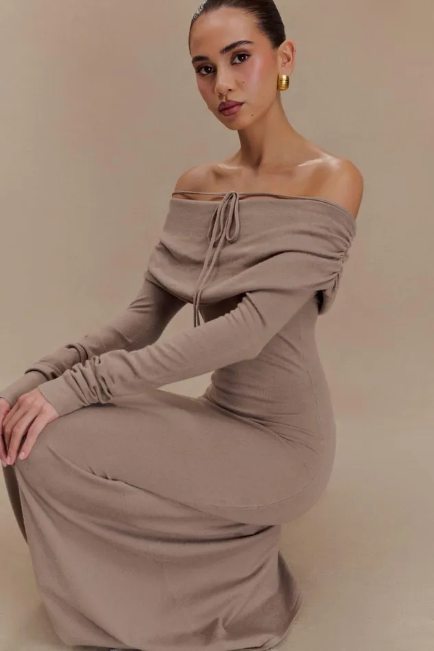 Women Meshki Dresses Georgiana Off Shoulder Knit Midi Dress 8211 Stone Marle