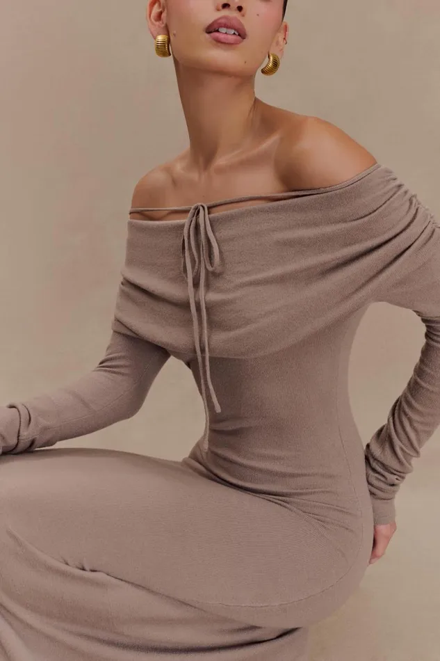 Women Meshki Dresses Georgiana Off Shoulder Knit Midi Dress 8211 Stone Marle