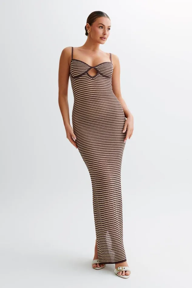 Women Meshki Dresses Jeannie Stripe Cupped Knit Maxi Dress 8211 ChocolateNude
