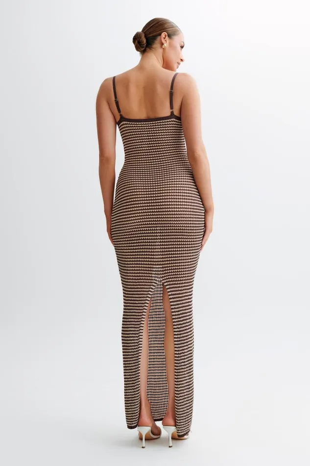 Women Meshki Dresses Jeannie Stripe Cupped Knit Maxi Dress 8211 ChocolateNude