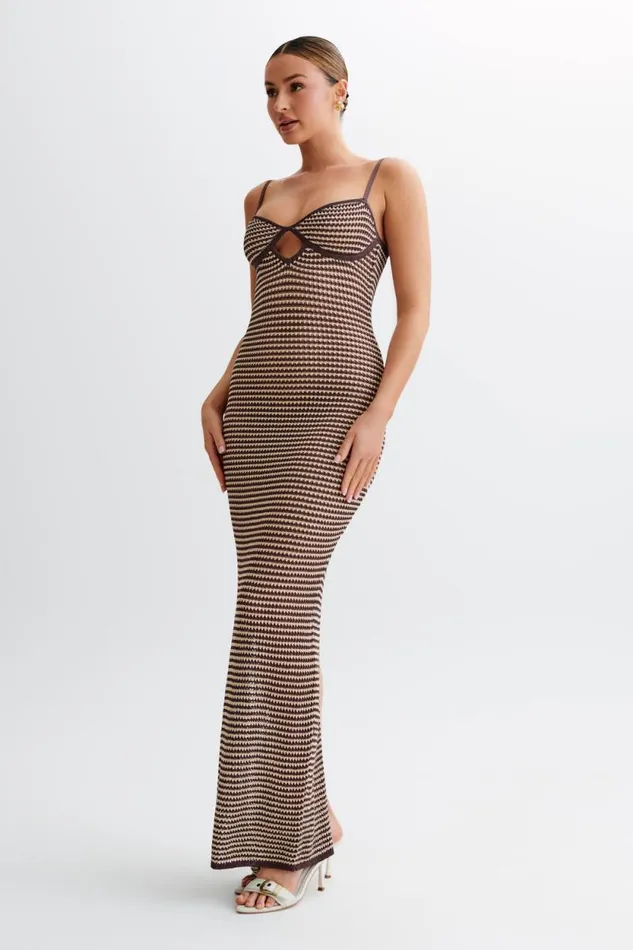 Women Meshki Dresses Jeannie Stripe Cupped Knit Maxi Dress 8211 ChocolateNude