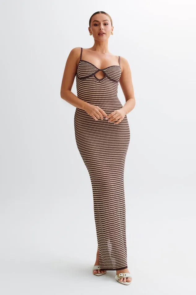 Women Meshki Dresses Jeannie Stripe Cupped Knit Maxi Dress 8211 ChocolateNude