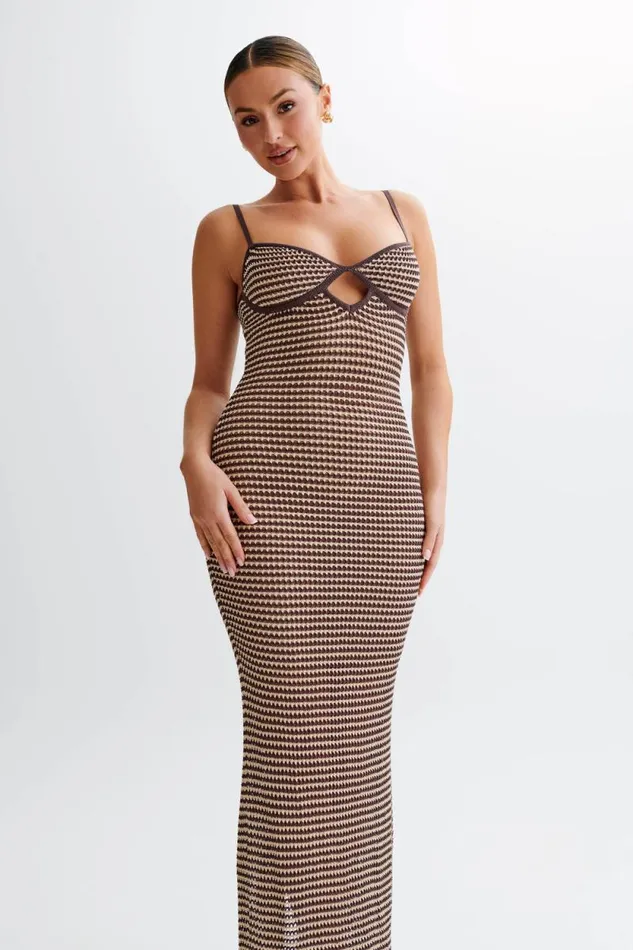 Women Meshki Dresses Jeannie Stripe Cupped Knit Maxi Dress 8211 ChocolateNude