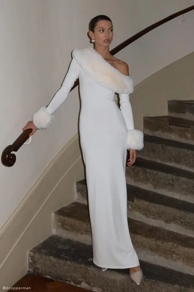 Women Meshki Dresses Karleigh Faux Fur Knit Maxi Dress 8211 Ivory