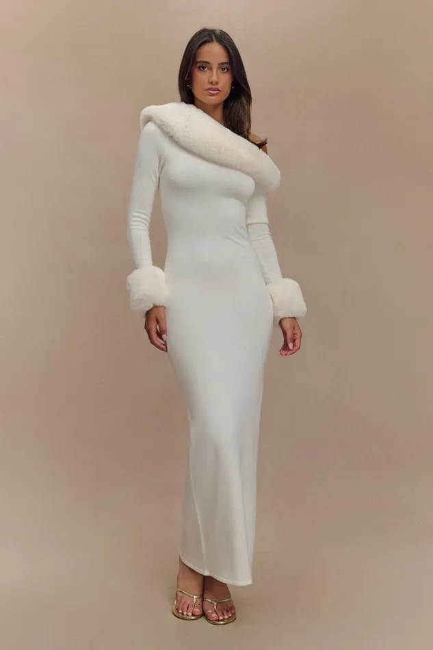 Women Meshki Dresses Karleigh Faux Fur Knit Maxi Dress 8211 Ivory
