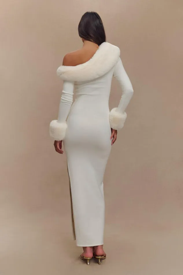 Women Meshki Dresses Karleigh Faux Fur Knit Maxi Dress 8211 Ivory