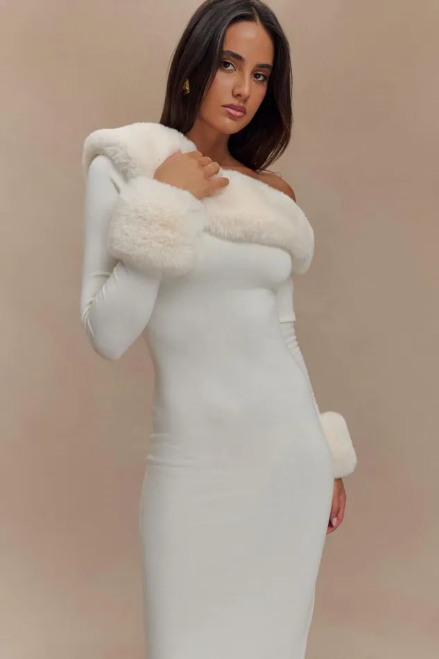 Women Meshki Dresses Karleigh Faux Fur Knit Maxi Dress 8211 Ivory