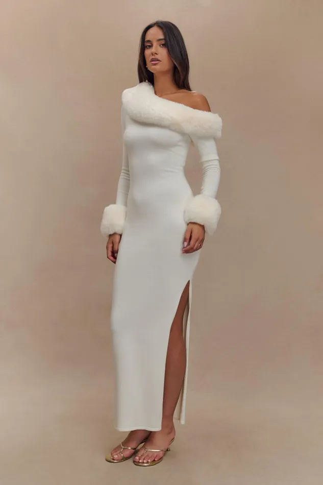 Women Meshki Dresses Karleigh Faux Fur Knit Maxi Dress 8211 Ivory