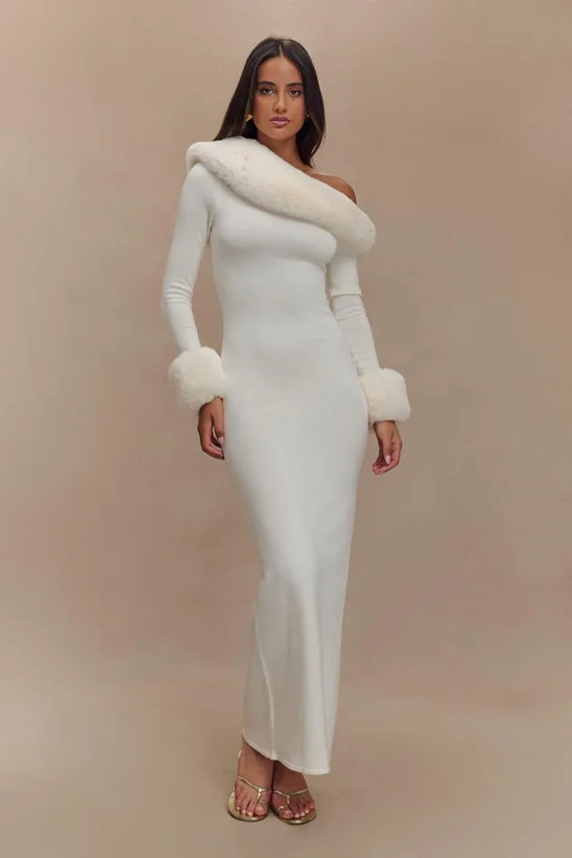 Women Meshki Dresses Karleigh Faux Fur Knit Maxi Dress 8211 Ivory