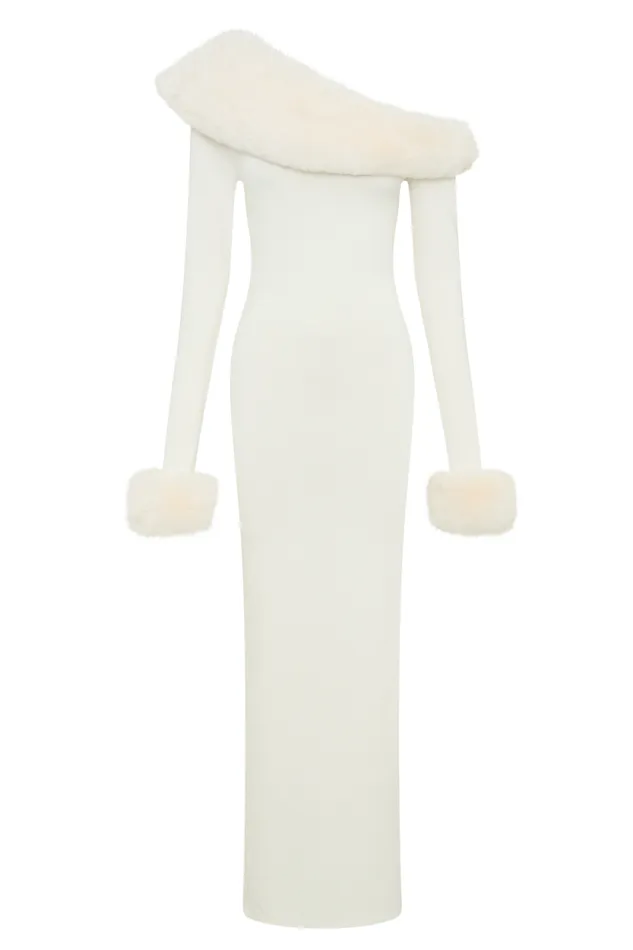 Women Meshki Dresses Karleigh Faux Fur Knit Maxi Dress 8211 Ivory