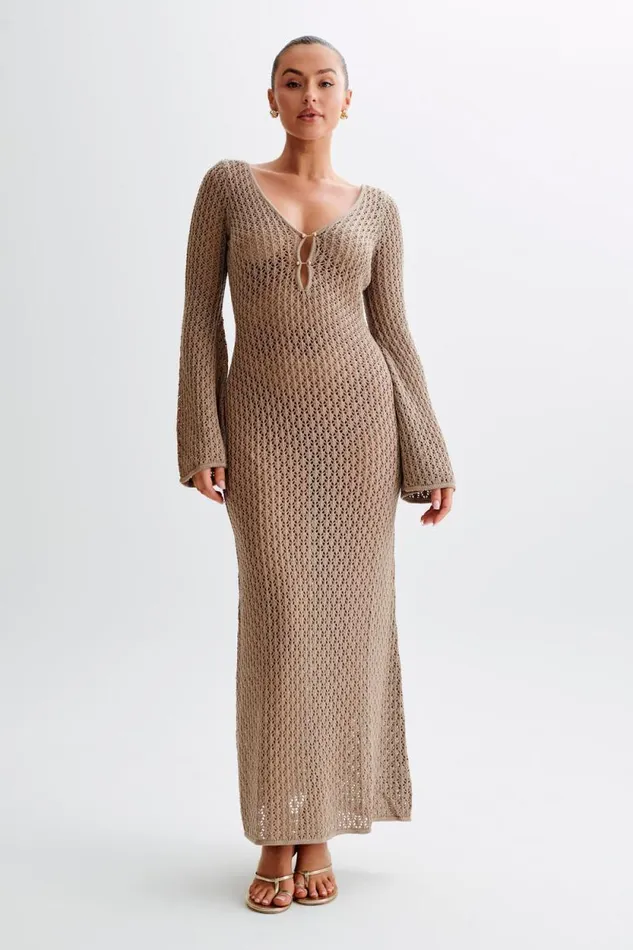 Women Meshki Dresses Kayleigh Crochet Fishtail Flare Sleeve Maxi Dress 8211 Taupe