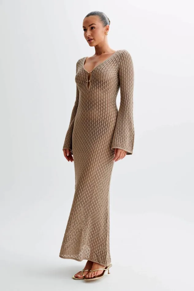 Women Meshki Dresses Kayleigh Crochet Fishtail Flare Sleeve Maxi Dress 8211 Taupe