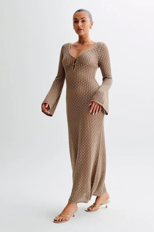 Women Meshki Dresses Kayleigh Crochet Fishtail Flare Sleeve Maxi Dress 8211 Taupe