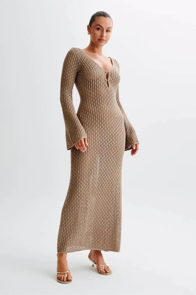 Women Meshki Dresses Kayleigh Crochet Fishtail Flare Sleeve Maxi Dress 8211 Taupe