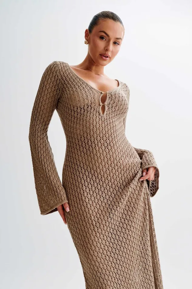 Women Meshki Dresses Kayleigh Crochet Fishtail Flare Sleeve Maxi Dress 8211 Taupe