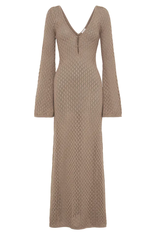 Women Meshki Dresses Kayleigh Crochet Fishtail Flare Sleeve Maxi Dress 8211 Taupe