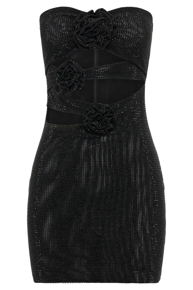 Women Meshki Dresses Korinna Strapless Rose Diamante Mini Dress 8211 Black