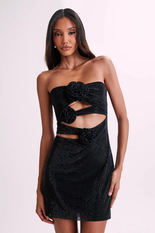 Women Meshki Dresses Korinna Strapless Rose Diamante Mini Dress 8211 Black