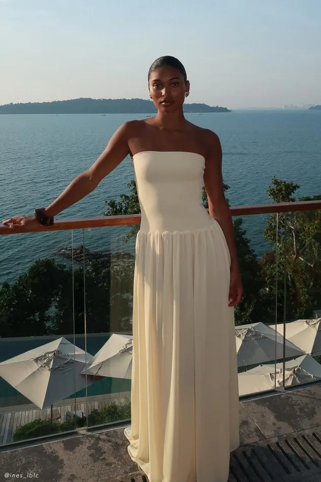 Women Meshki Dresses Lyanna Knit And Chiffon Strapless Maxi Dress 8211 Cream