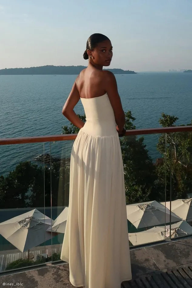 Women Meshki Dresses Lyanna Knit And Chiffon Strapless Maxi Dress 8211 Cream