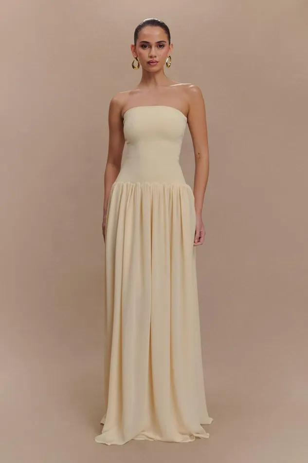 Women Meshki Dresses Lyanna Knit And Chiffon Strapless Maxi Dress 8211 Cream