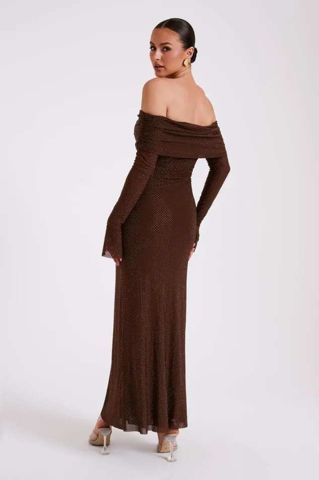 Women Meshki Dresses Marcel Off Shoulder Diamante Maxi Dress 8211 Chocolate
