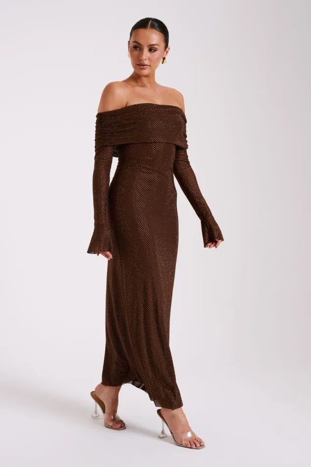 Women Meshki Dresses Marcel Off Shoulder Diamante Maxi Dress 8211 Chocolate