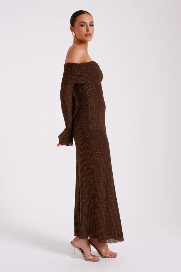 Women Meshki Dresses Marcel Off Shoulder Diamante Maxi Dress 8211 Chocolate