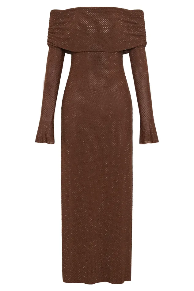 Women Meshki Dresses Marcel Off Shoulder Diamante Maxi Dress 8211 Chocolate