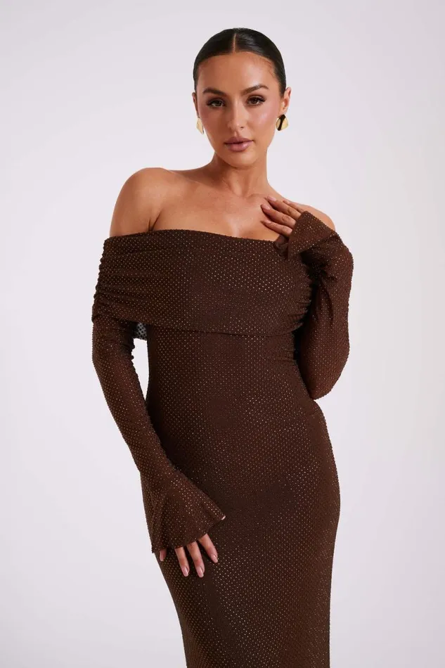 Women Meshki Dresses Marcel Off Shoulder Diamante Maxi Dress 8211 Chocolate