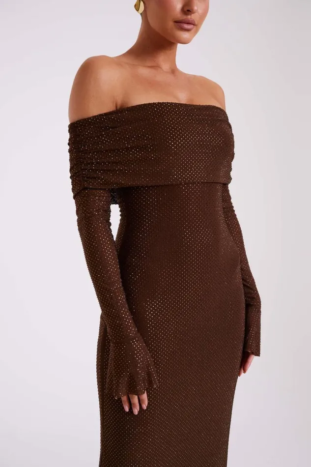 Women Meshki Dresses Marcel Off Shoulder Diamante Maxi Dress 8211 Chocolate