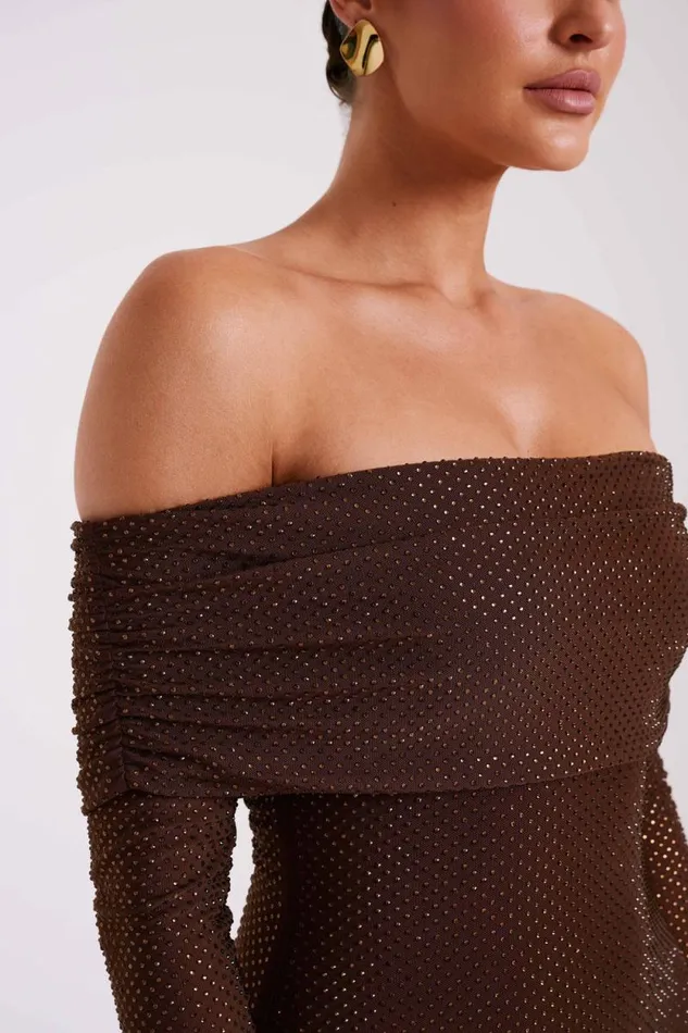 Women Meshki Dresses Marcel Off Shoulder Diamante Maxi Dress 8211 Chocolate