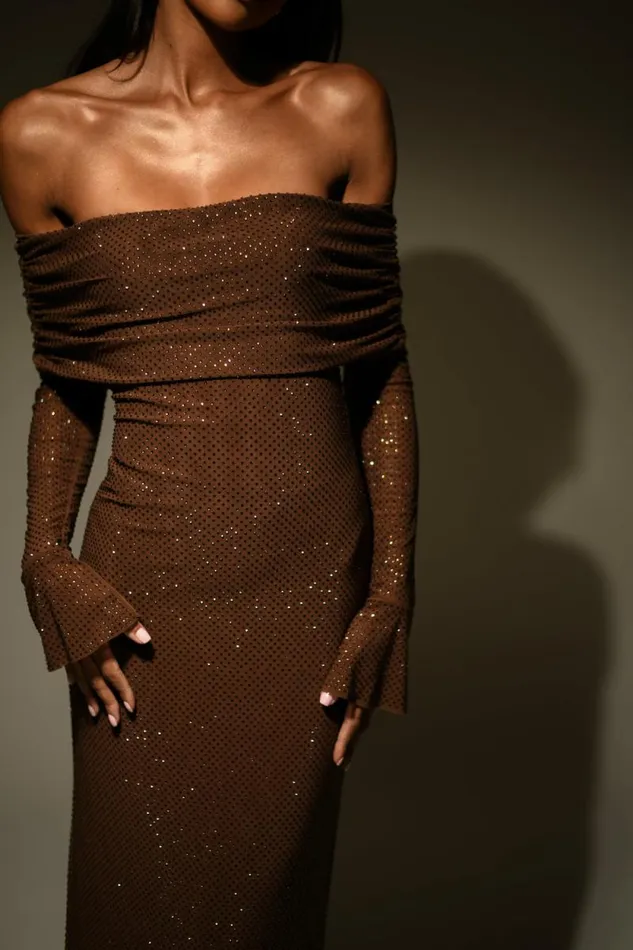 Women Meshki Dresses Marcel Off Shoulder Diamante Maxi Dress 8211 Chocolate