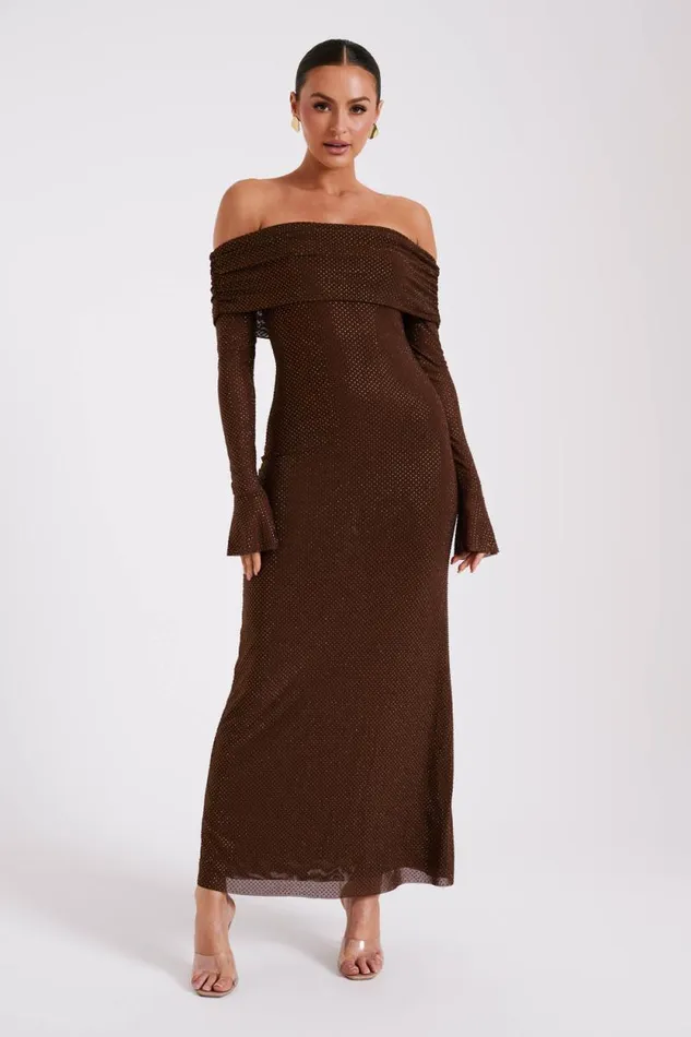 Women Meshki Dresses Marcel Off Shoulder Diamante Maxi Dress 8211 Chocolate