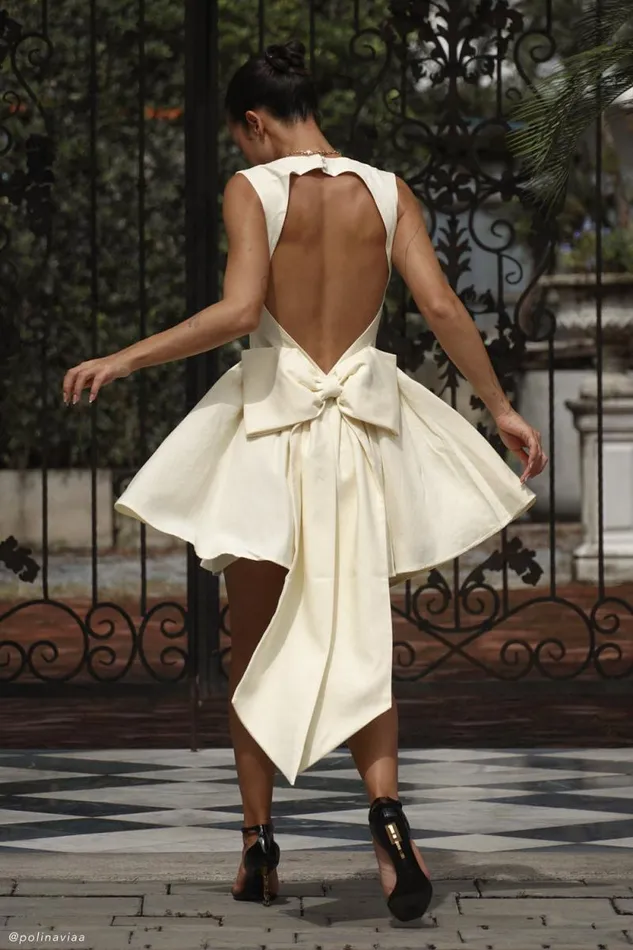 Women Meshki Dresses Marcella Linen Bow Back Mini Dress 8211 Lemon Sherbet